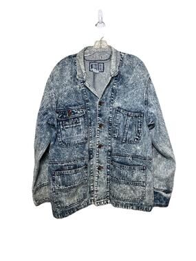 Vtg Cotler Men's Denim Field Jacket Acid Wash Pockets Oversized Size Small 80's